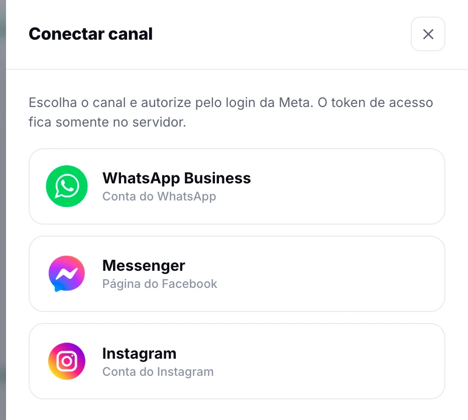 Janela Conectar canal do hub com as opções WhatsApp Business, Messenger e Instagram