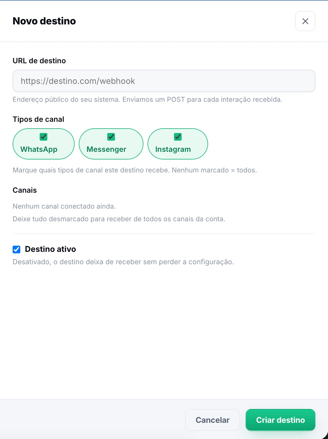 Janela Novo destino do hub com o campo URL de destino, os tipos de canal WhatsApp, Messenger e Instagram marcados e a opção Destino ativo
