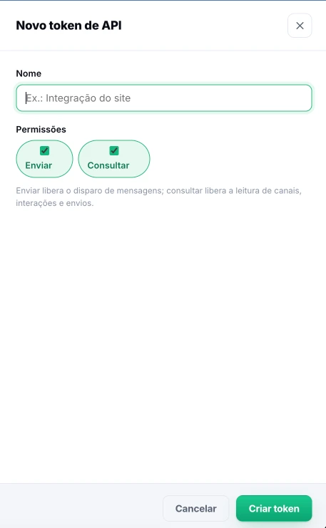 Janela Novo token de API do hub com o campo Nome e as permissões Enviar e Consultar